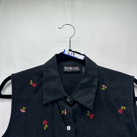 Style & Co Linen Blouse Womens 10 Button Up Sleeveless Embroidered Flowers Black - Picture 7 of 10